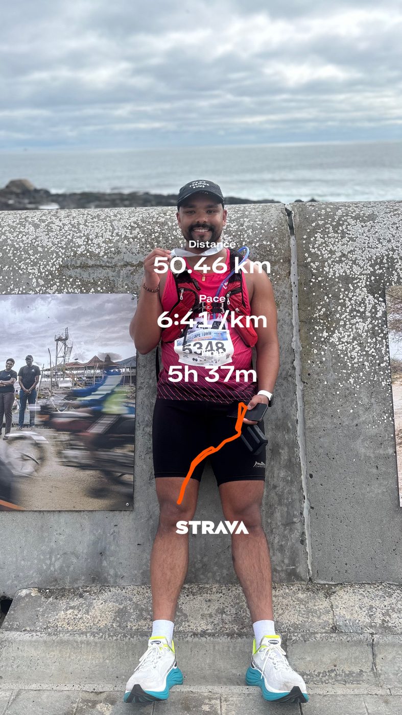 Shaun Cedric Thomas after a 50.46 km run, with his Strava stats of 5h 37m